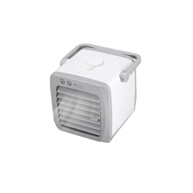 White mini mobile air conditioner fan, USB powered, 160 x 170 x 160mm, with water tank and ice curtain
