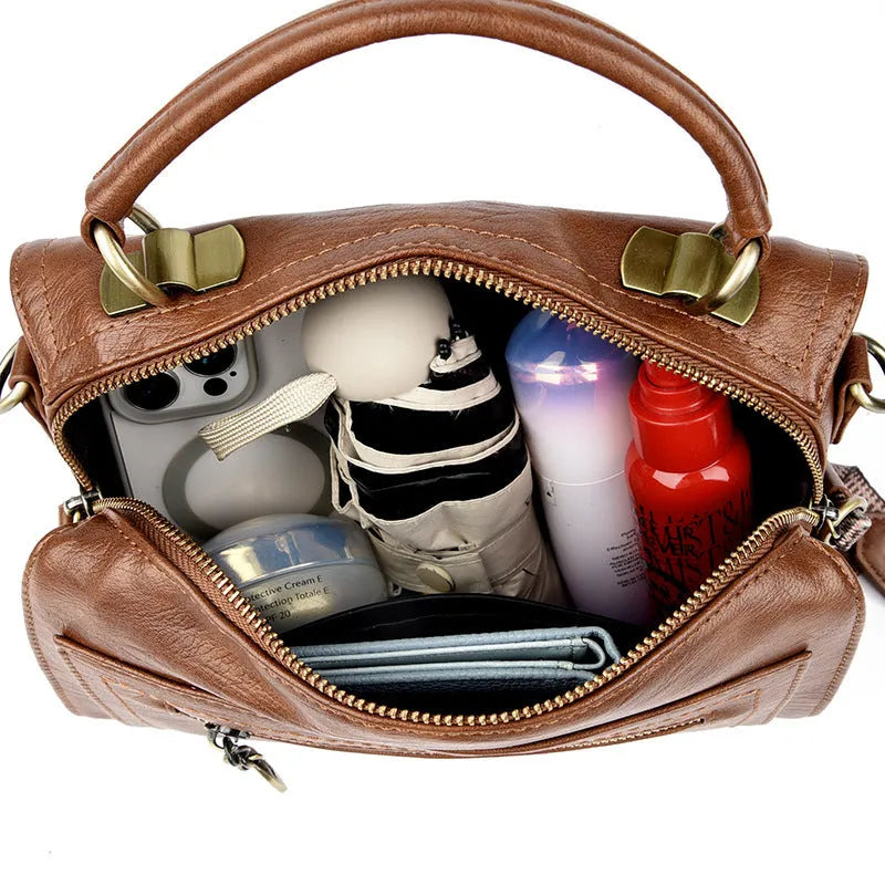 Women's retro style crossbody bag in soft PU leather with sandwich pocket, shown in six colour options