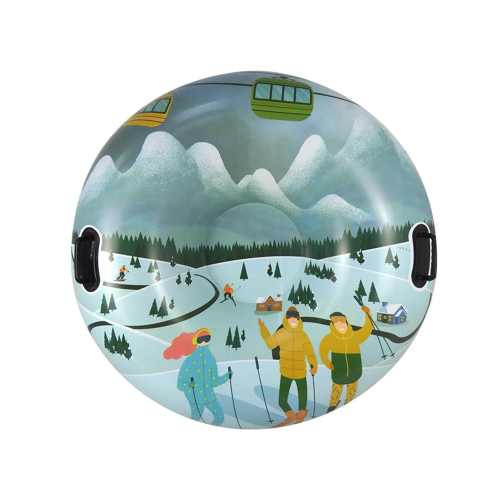 Colourful printed PVC winter ski ring toy for children's snow play, shown in red, blue, and white designs.