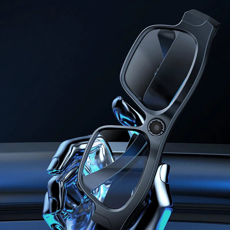 Black smart Bluetooth glasses with video recording capability and transparent lenses