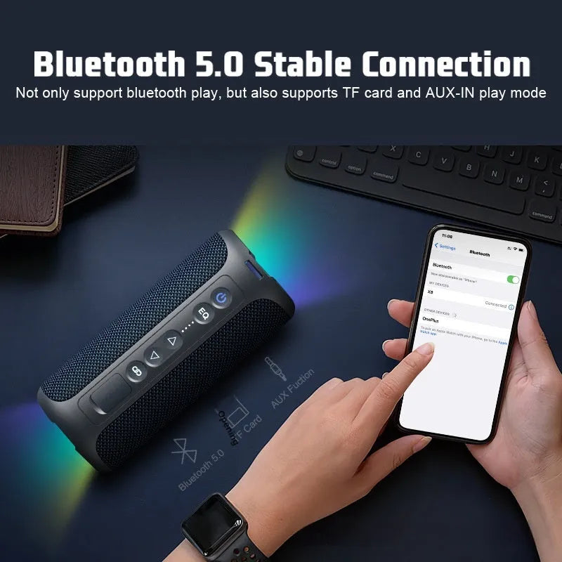 Black and blue fabric wireless Bluetooth speaker with lighting effects and card slot