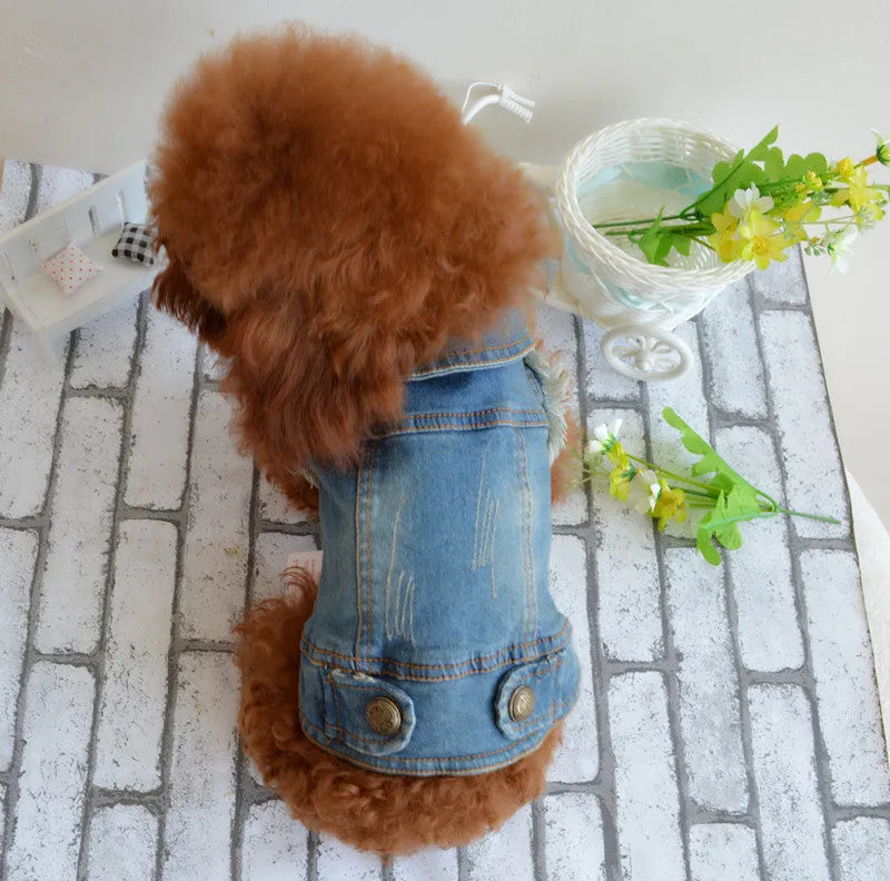 Denim dog vest with retro scratch pattern for small breeds in dark and light colours
