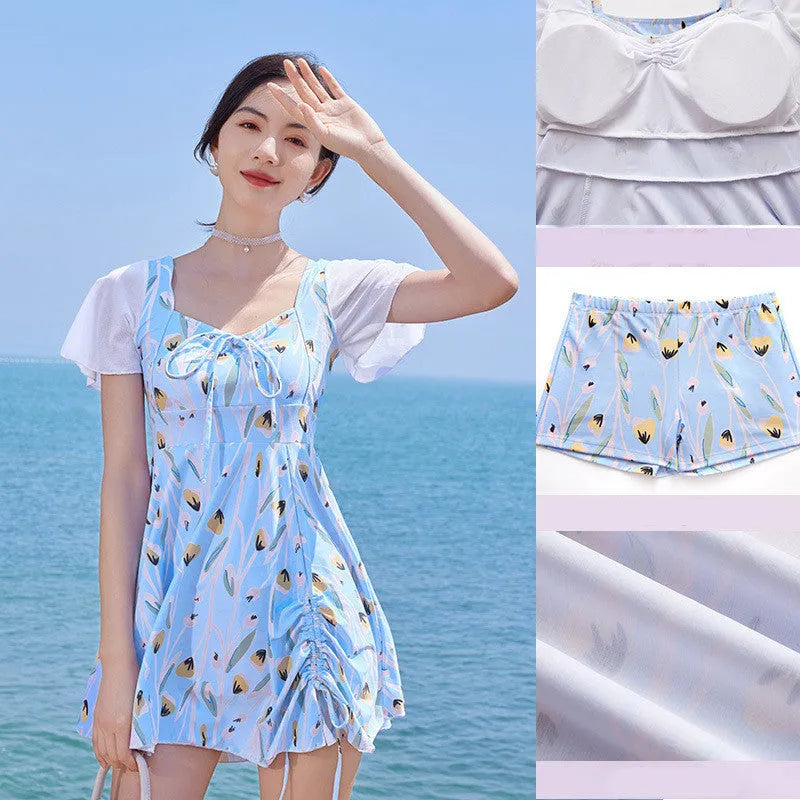 Sea Salt Blue women's one-piece swimsuit with floral pattern for swimming.