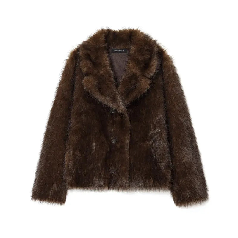 Women's brown double-sided faux fur jacket with fur collar and long sleeves, sizes XS to L, 50cm length