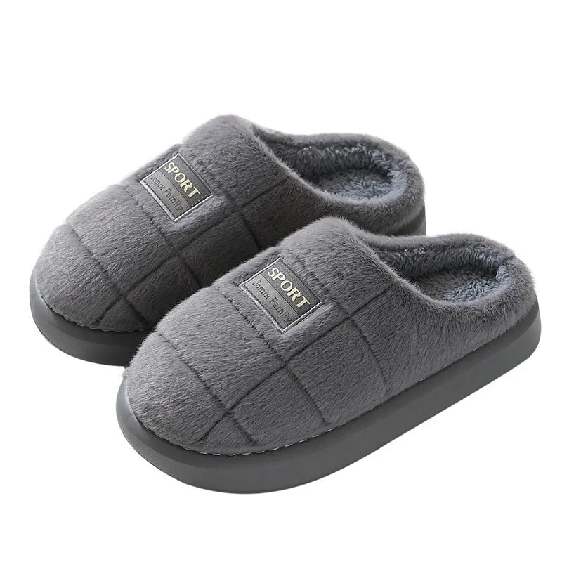 Men's grey and brown plaid winter slippers with a thick sole and rabbit hair trim.