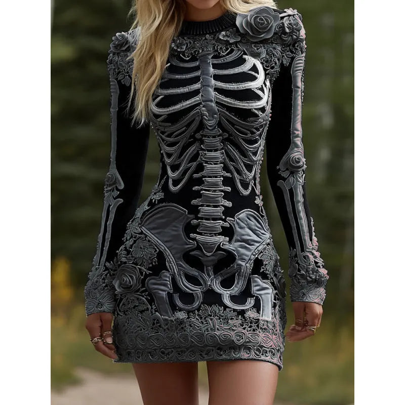 Women wearing a 3D printed Halloween long sleeve dress with v-neck and mid waist in black colour