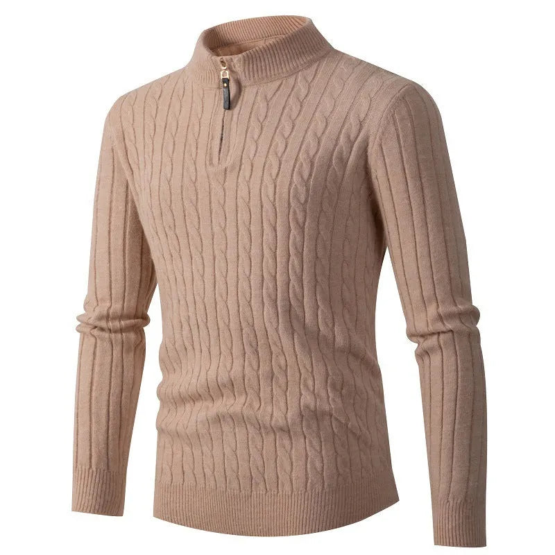 Men's thick twist jacquard sweater with half-zip high collar in grey, cotton blend and rabbit fur, long sleeve winter pullover