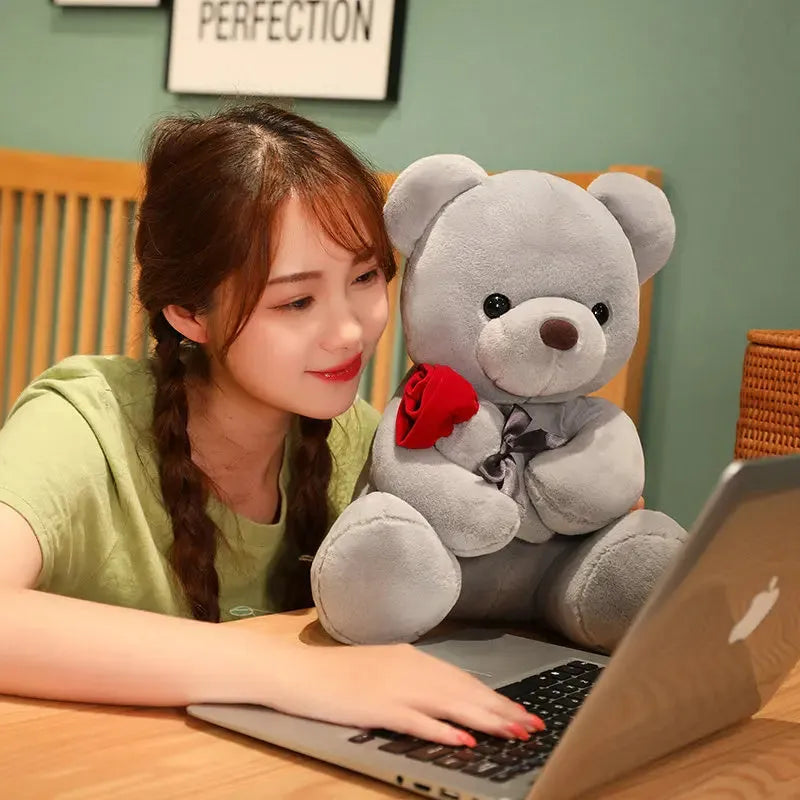 Soft plush teddy bear doll in beige, brown or grey with PP cotton filling, showing 23cm to 45cm size options