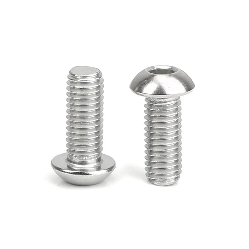 Stainless steel half round head pan head hexagon screw with whitewash finish on a grey background.