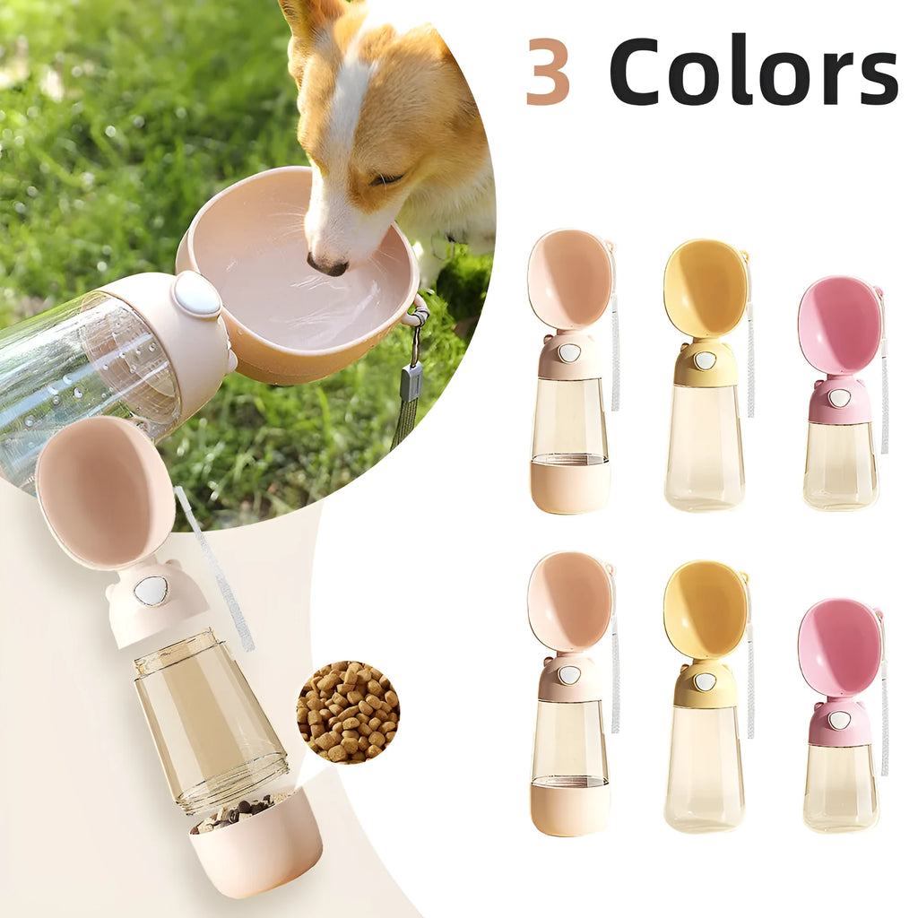 Portable dog water bottle and food container in yellow, pink, and brown for outdoor travel
