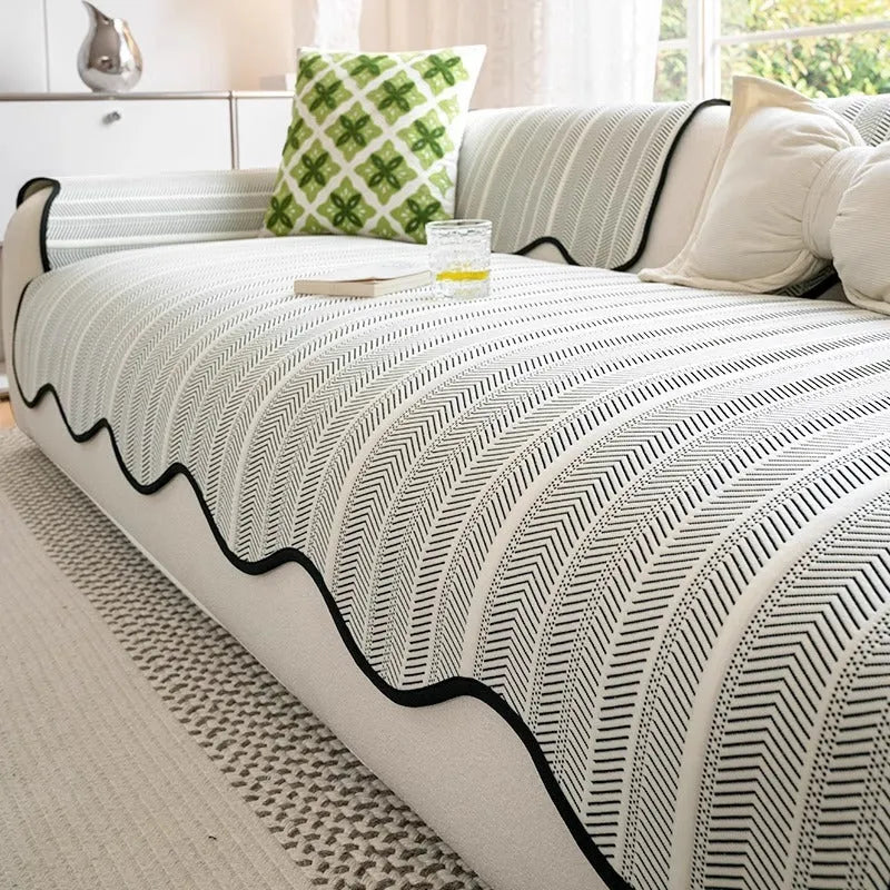 Ice Silk special-pattern sofa cover in Cloud Grey, showing straight row mat non-slip construction.