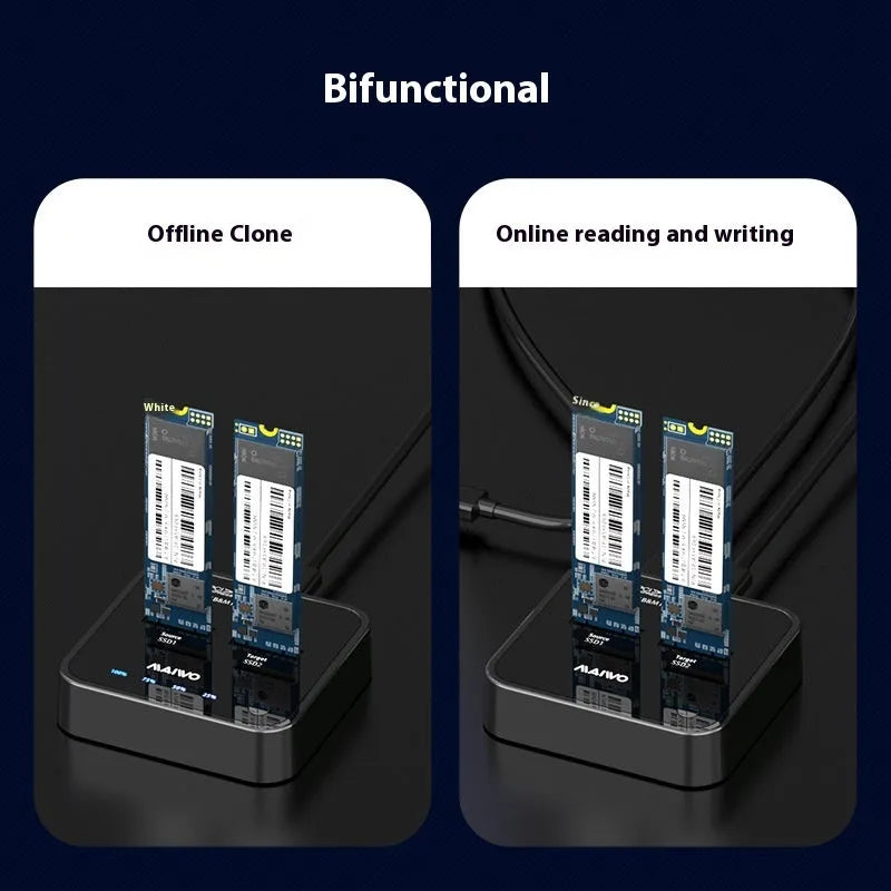 MAIWO K3016 M2 hard disk cloning dock for NVMe and SATA SSDs with USB cables and power adapter.