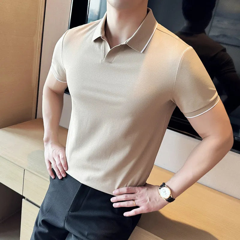 Men's short sleeve polo shirt with lapel collar in cotton blend fabric
