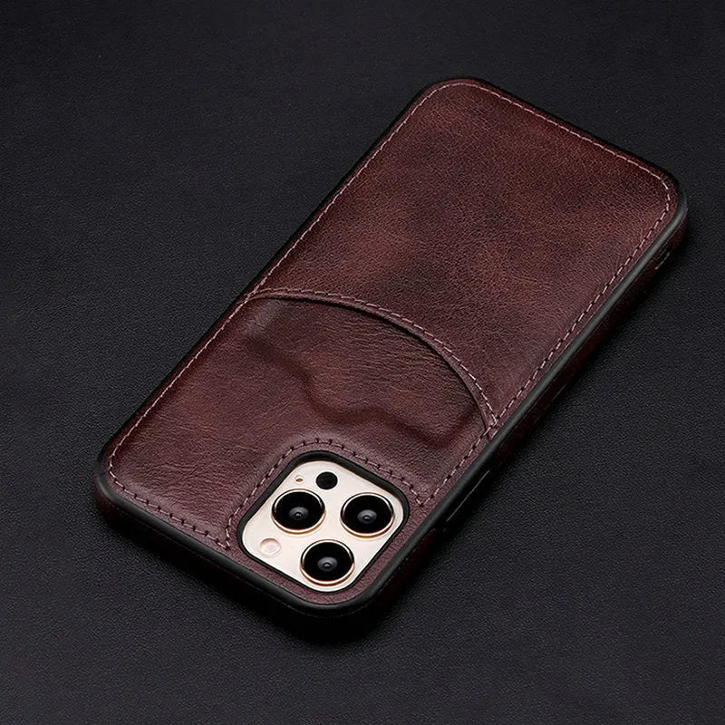 Dark blue PU leather protective case for iPhone, showing back and side coverage with precise port cutouts.
