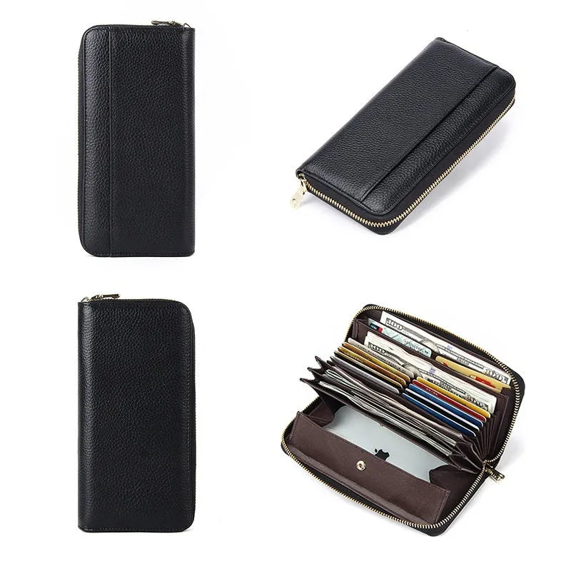 Women's long genuine leather bifold wallet in multiple colours, showing large capacity and card slots.
