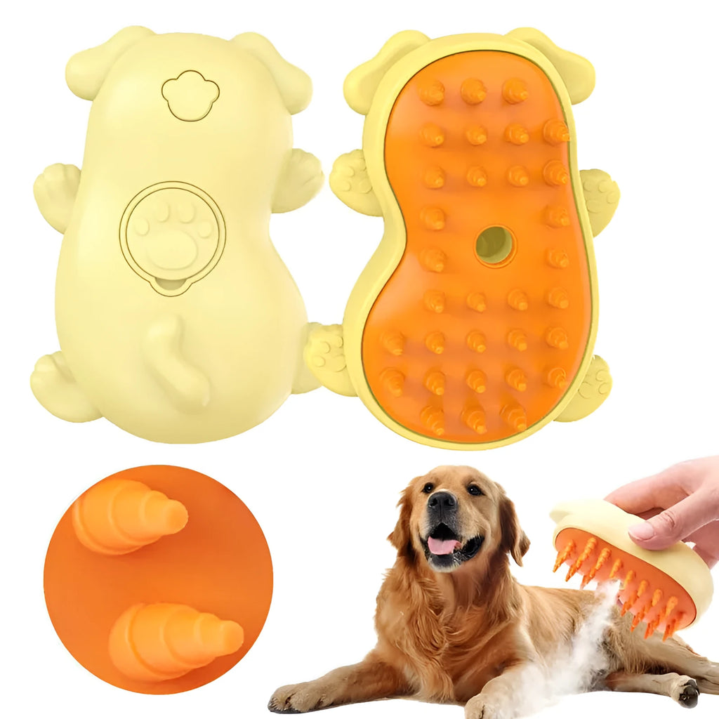 Pet grooming steam brush with ergonomic handle for cats and dogs