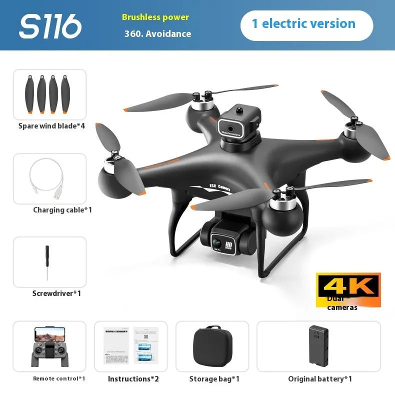Black and white plastic brushless UAV drone with four obstacle avoidance sensors and a camera.