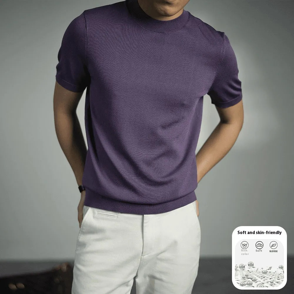Men's silver grey knitted round neck t-shirt with short sleeves on a hanger.