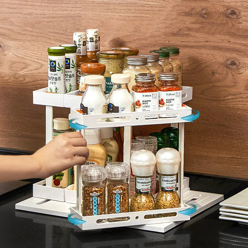 Plastic pull-out spice rack with double layer in milk white for under sink kitchen cabinet storage