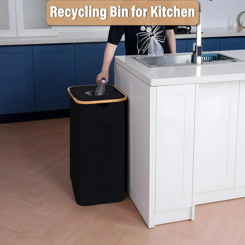 Black bamboo storage basket with removable lid, handle, and visible double inner pockets.