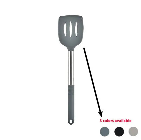 12-piece silicone kitchen utensil set in rotating storage bucket, including spatula, spoon, ladel, and egg beater on kitchen counter.
