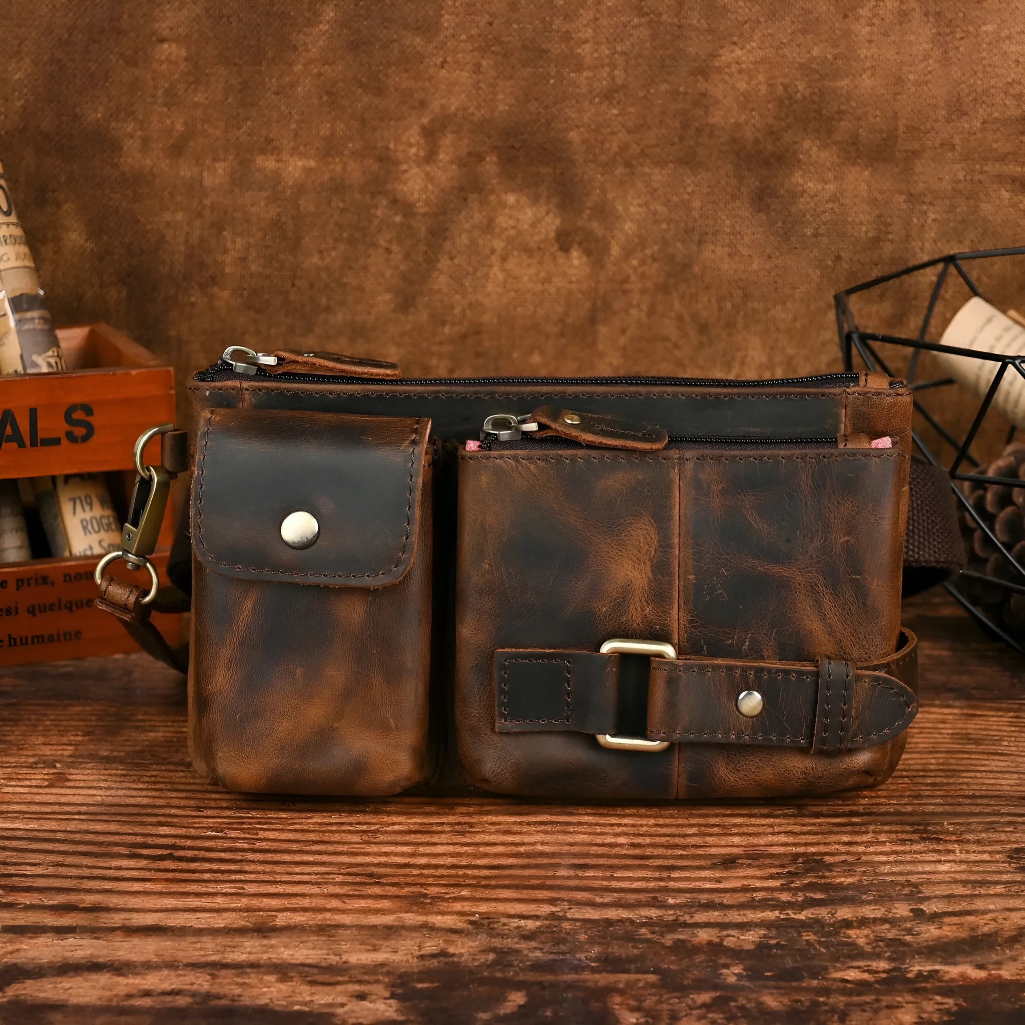 Men's genuine cowhide leather chest bag in solid colour with crossbody strap