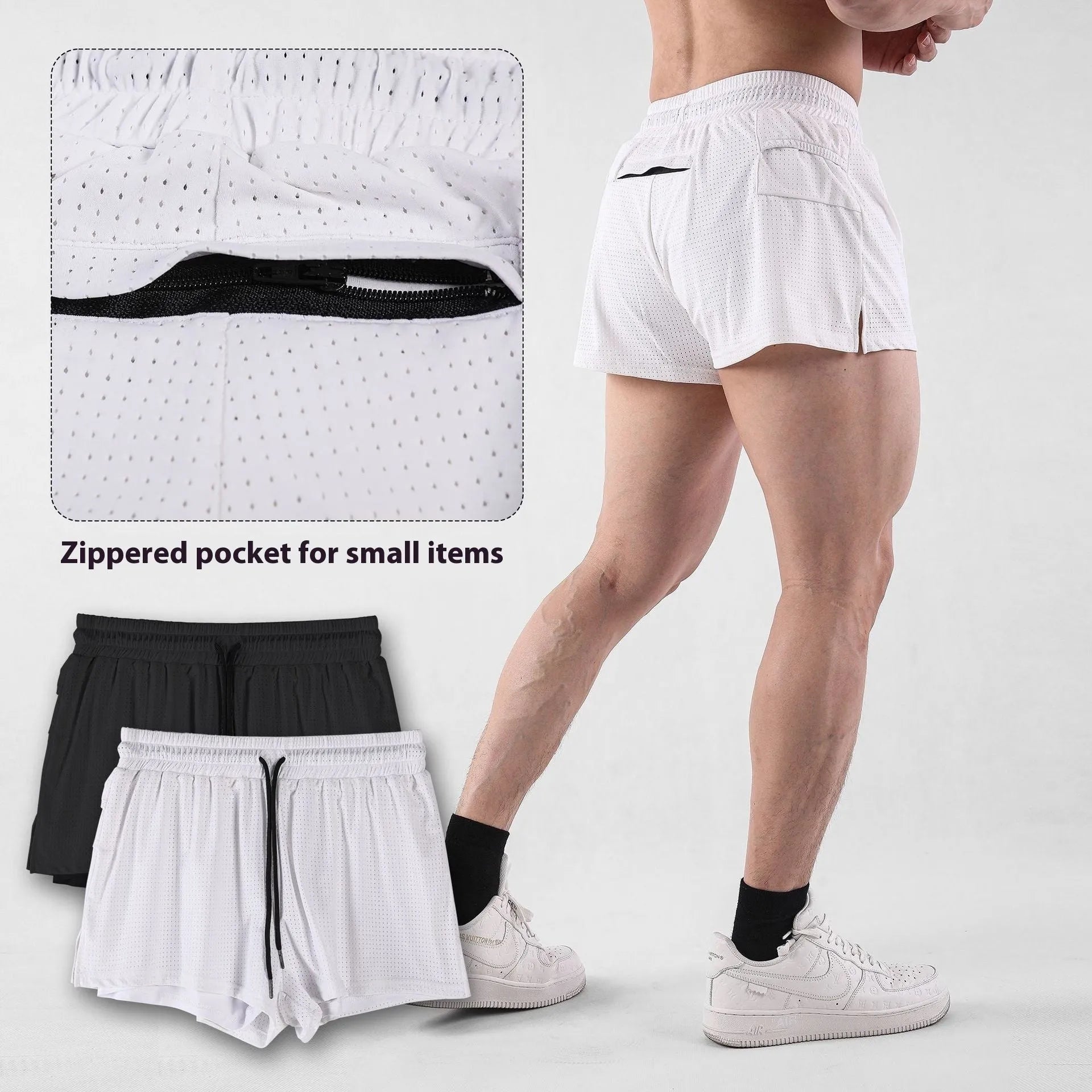 Men's black quick-drying nylon summer shorts with a mid waist and short length on a white background.