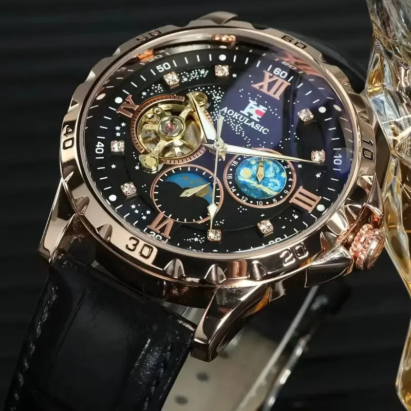 Large dial automatic mechanical watch with rose gold case and black leather strap