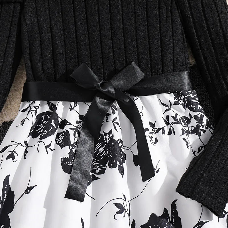 Girls' long sleeve knitted princess dress with retro floral patchwork print, black or graphite, sizes 130cm to 170cm.