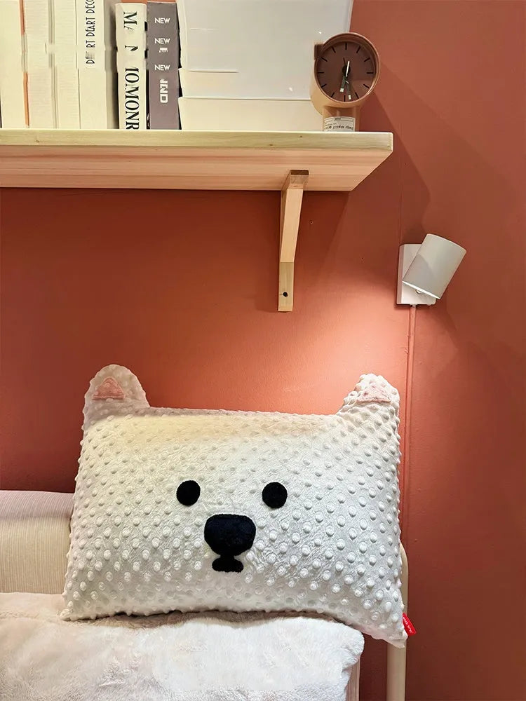 Grey and white dog breed decorative pillow cushion on a sofa, measuring 50cm by 35cm.