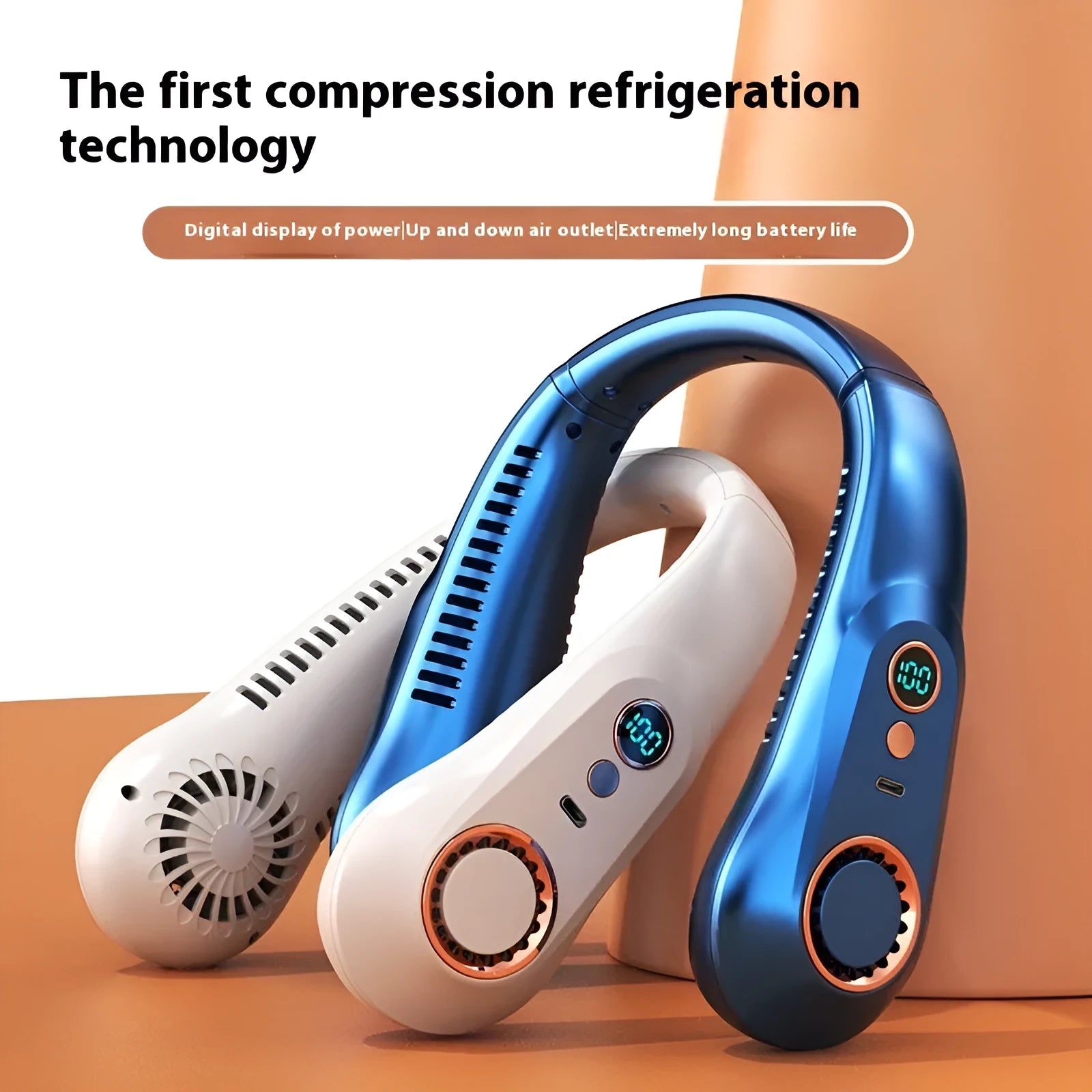 Portable bladeless bracket fan with digital display in dual battery blue variant