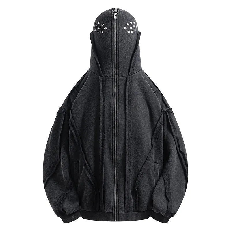 Men's black loose-fit retro cotton zip hooded coat with abstract pattern