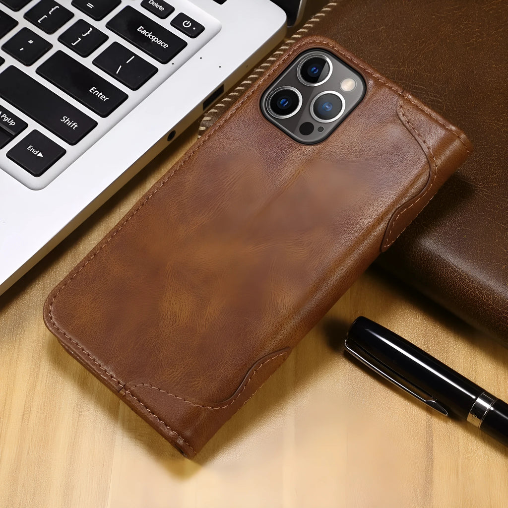 Flip leather wallet phone case for iPhone 13 in black with card slots open