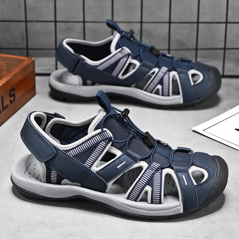Men's blue casual sports shoes with mesh upper, Velcro straps, and rubber sole.