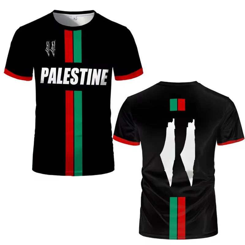 Black 3D printed graphic football t-shirt on a hanger, showing the textured design and short sleeves.