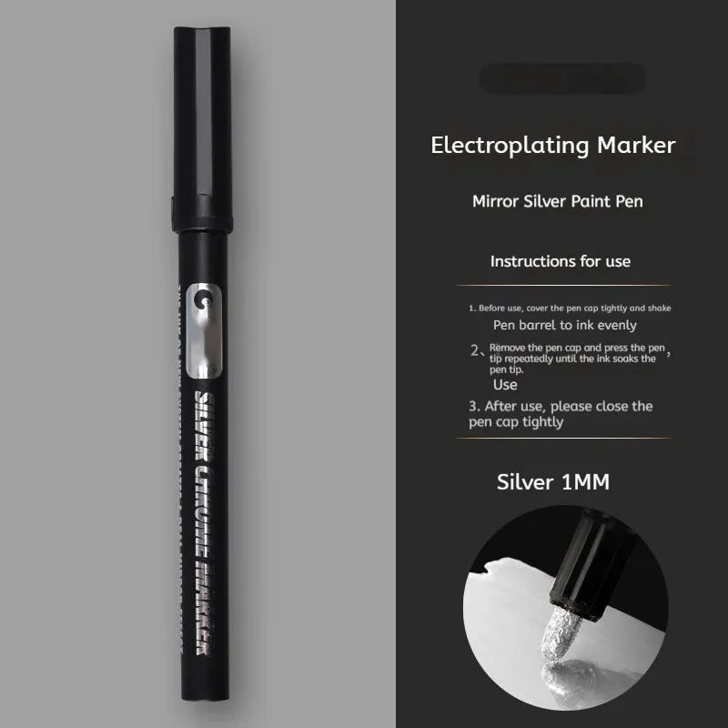 Waterproof mirror marker pen with plastic shell, shown with 1mm and 2mm tip options for glass writing.