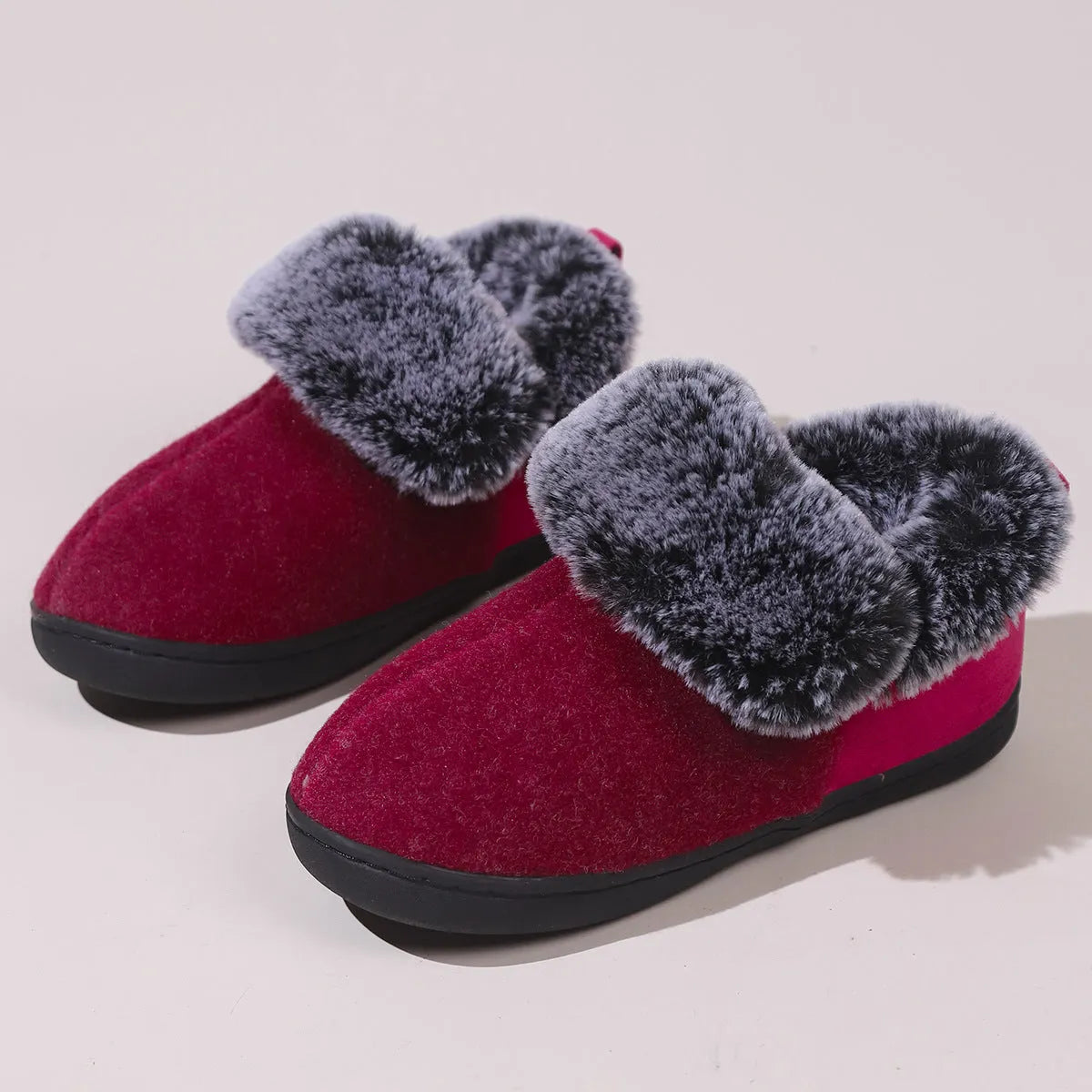 Wine red felt slippers with fur collar and synthetic leather upper for winter indoor use