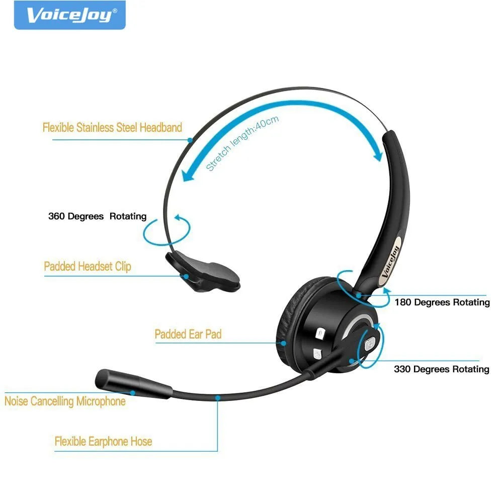 Over-ear Bluetooth headset with microphone, designed for truck drivers and office use with noise cancellation.