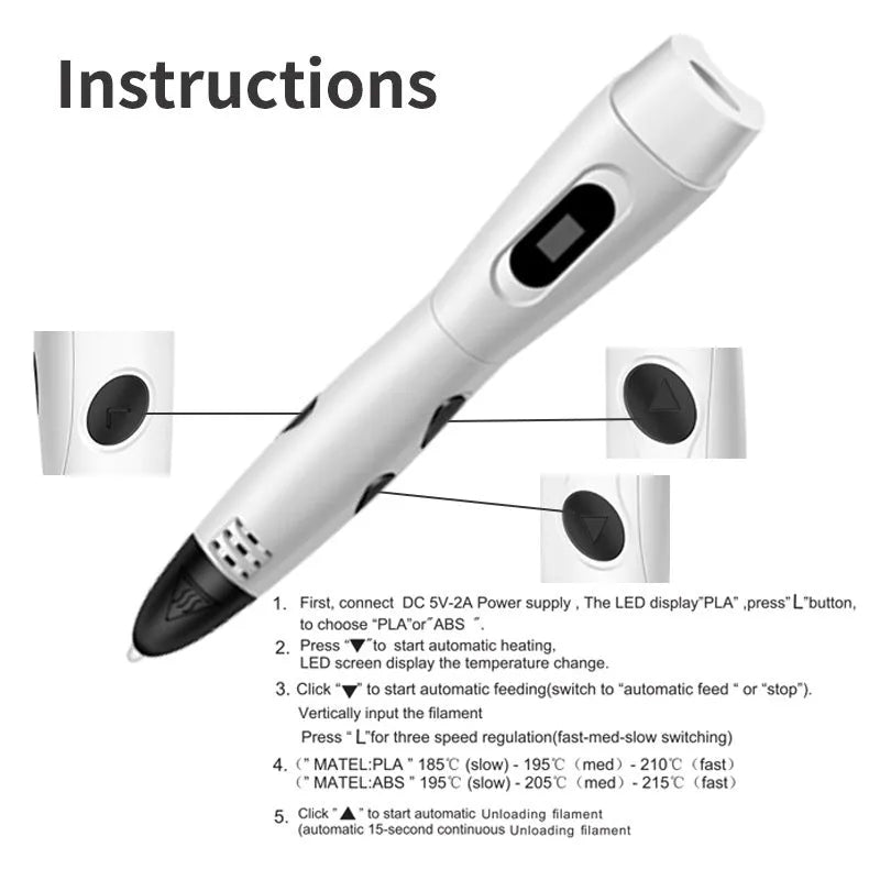 White ABS 3D printing pen with USB cable and PLA consumables on original base in gift box