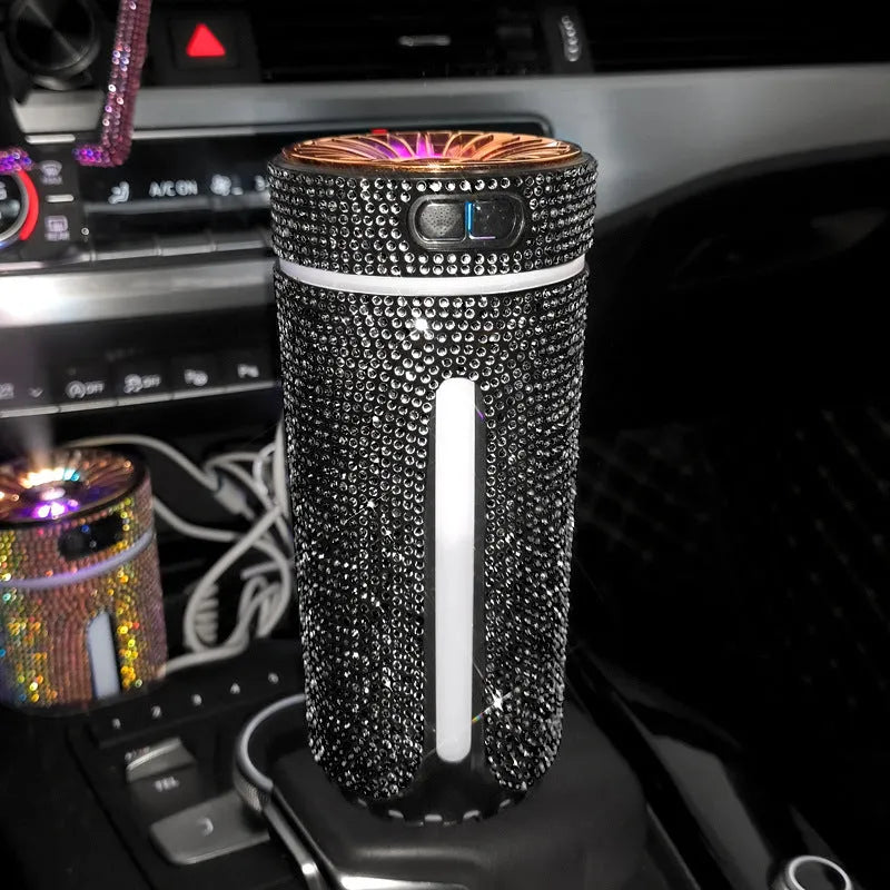 Luxury diamond rhinestone car humidifier with LED light, USB powered, 15x7x7cm, multi-colour options