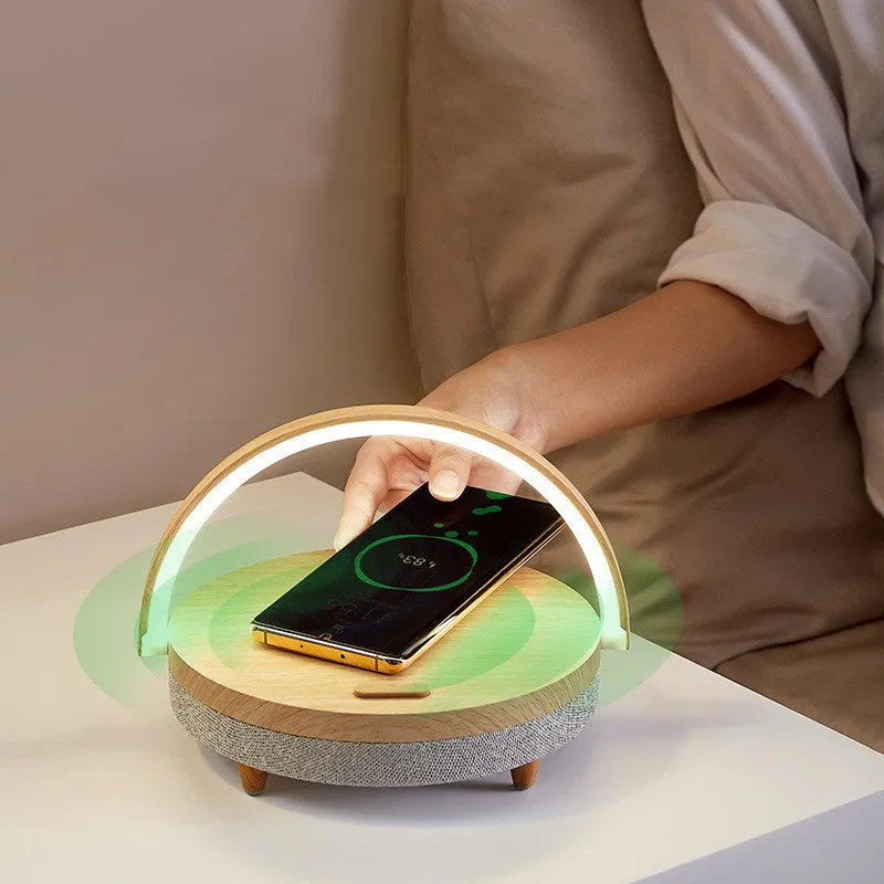 Wireless charging LED night light with Bluetooth speaker and phone holder in marble pattern design