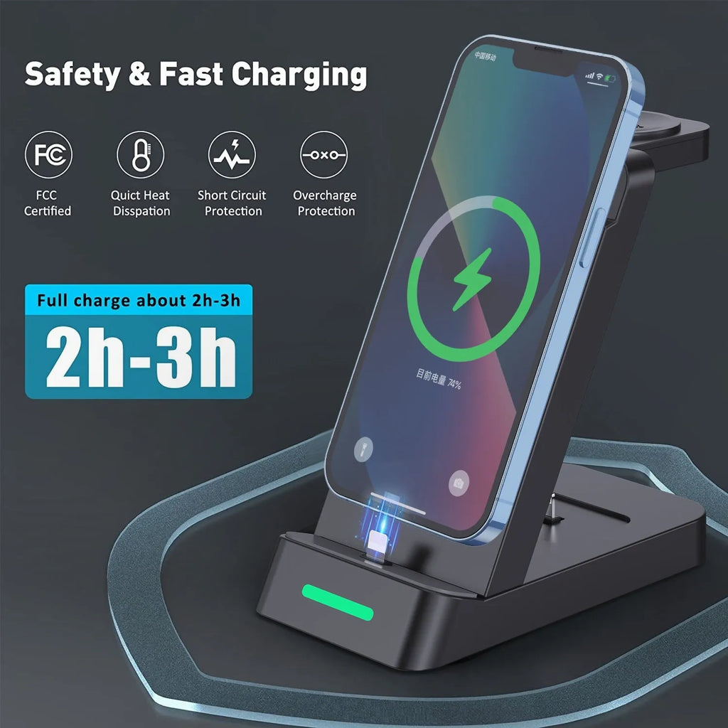 Black and white 3-in-1 wireless charging station with phone stand, showing charging areas for phone, watch, and earbuds.