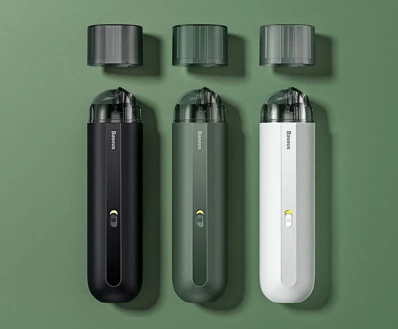 Baseus wireless handheld car vacuum cleaner in black, shown with blowing hose attachment and Type-C charging cable.