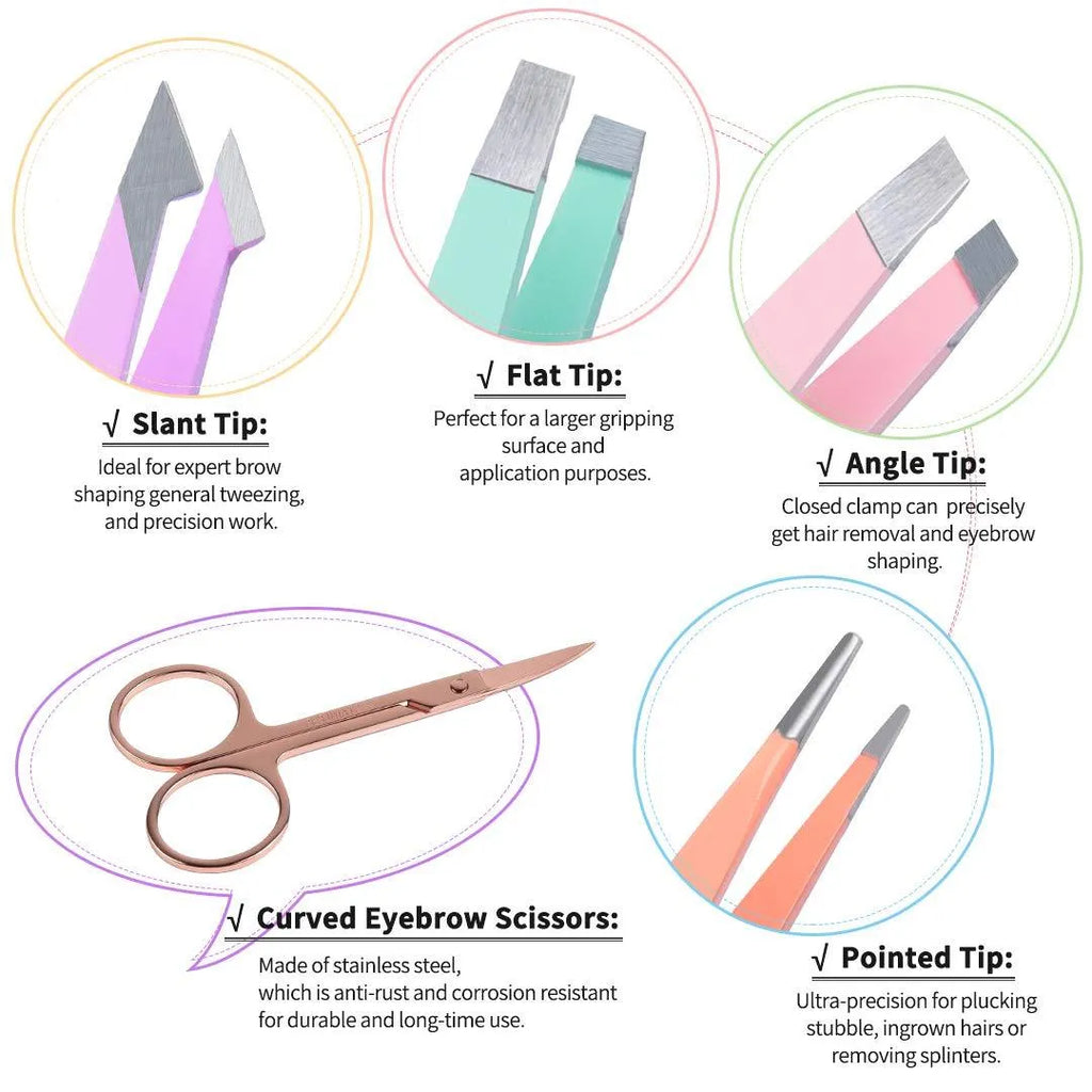 Professional eyebrow tweezers set with four stainless steel tweezers, curved scissors, brush, and leather case.