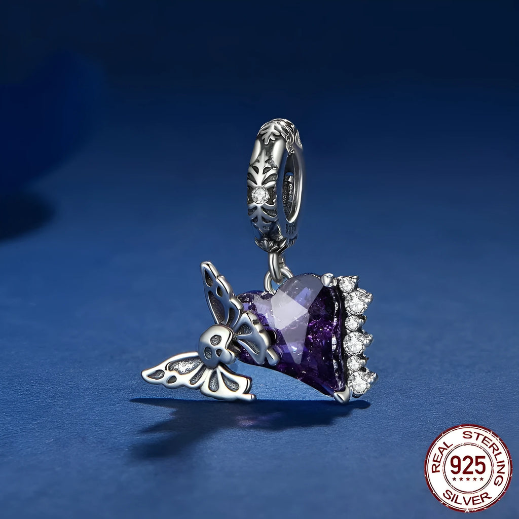 S925 silver skull butterfly pendant bead with inlay detail, 23x14mm, 4.5mm aperture