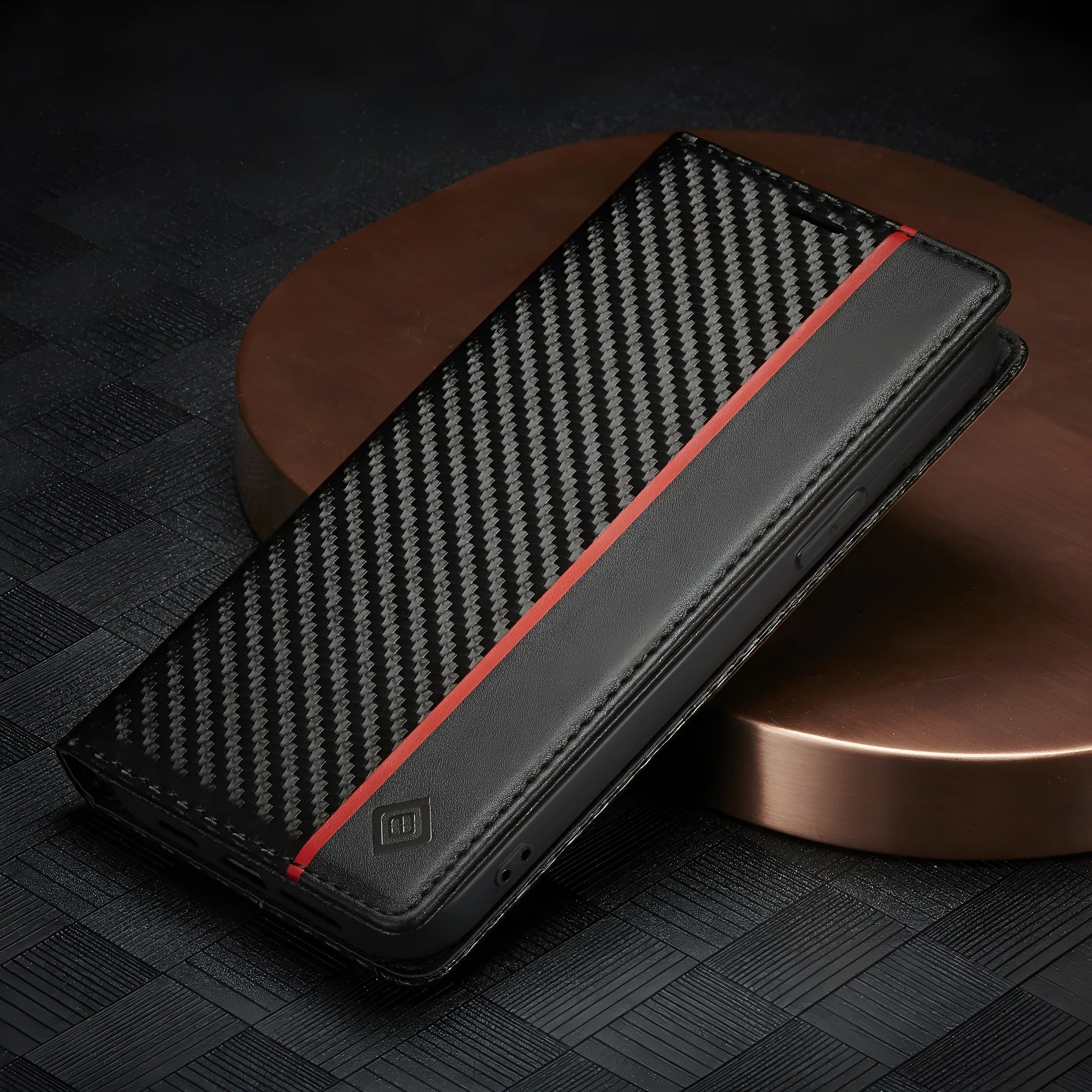 Flip phone case with kickstand and magnetic closure in black horizontal bar style for iPhone