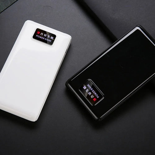 Black and white 18650 DIY power bank case showing battery slots and Type-C/Micro-USB ports.
