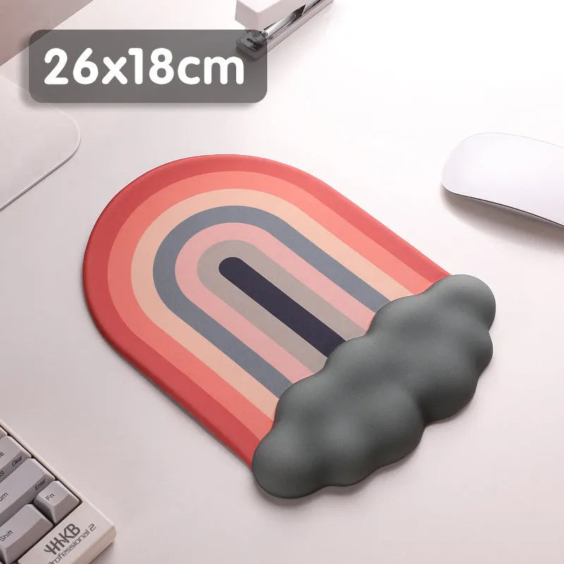 Silicone wrist rest mouse pad and keyboard holder set with cloud pattern on a desk.