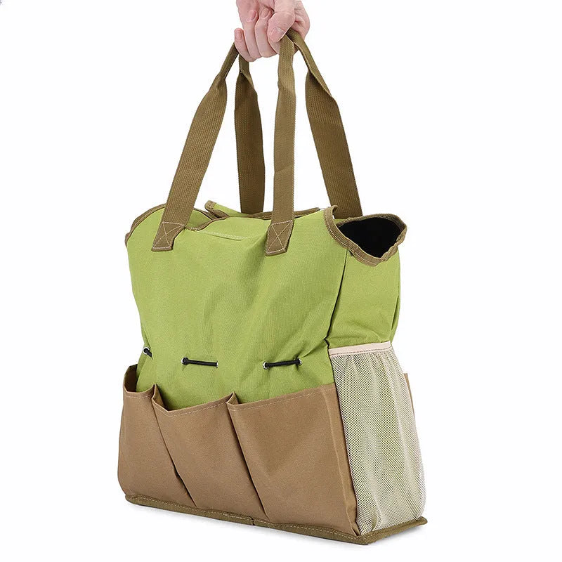 Light green 600D Oxford cloth garden tool storage bag holding secateurs and trowel