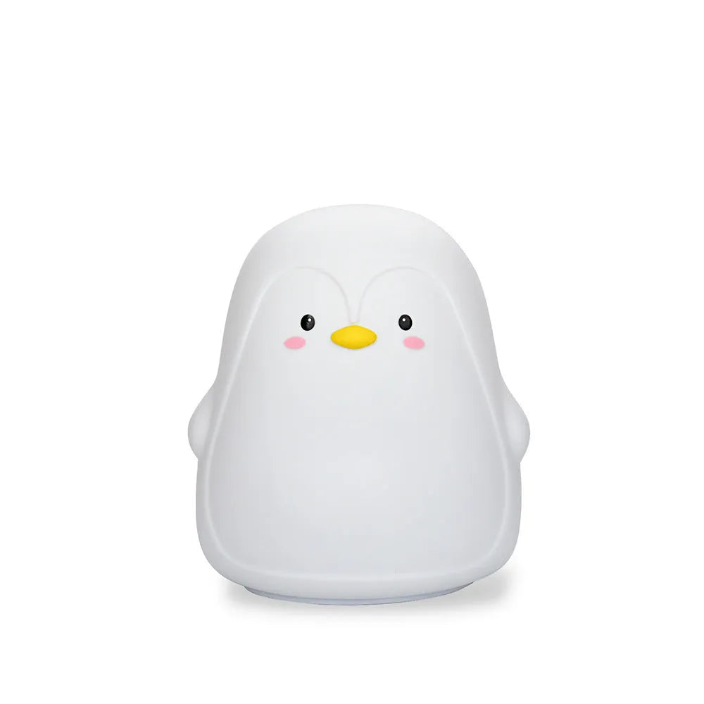 Soft white silicone penguin-shaped rechargeable night light on a surface.